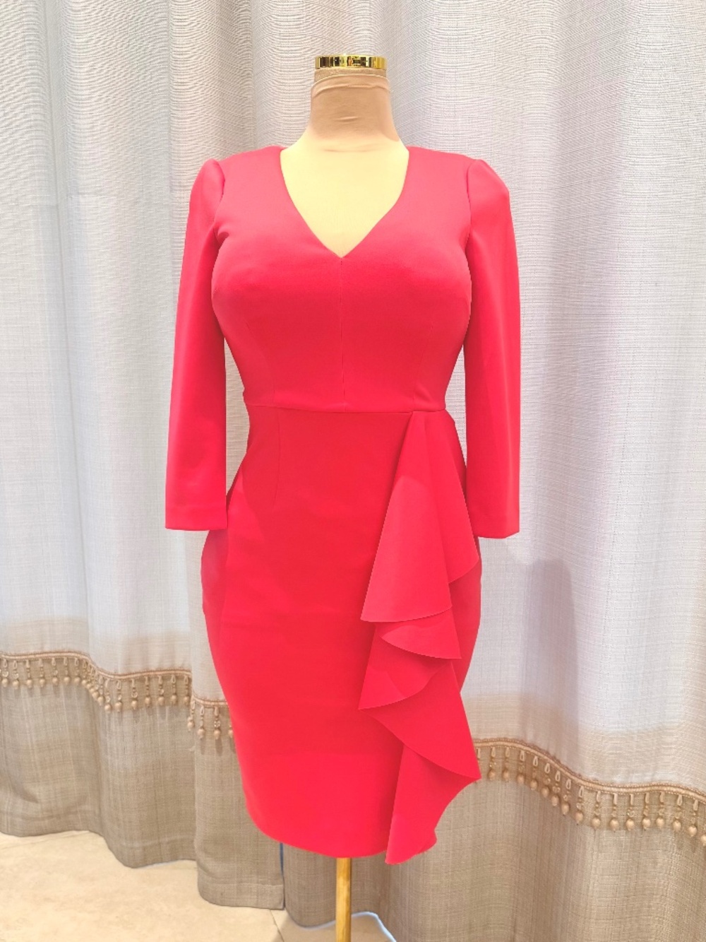 Eliza J Coral Pink Cascade Ruffle 3/4 Sleeve V-Neck Crepe Sheath Dress Size 6